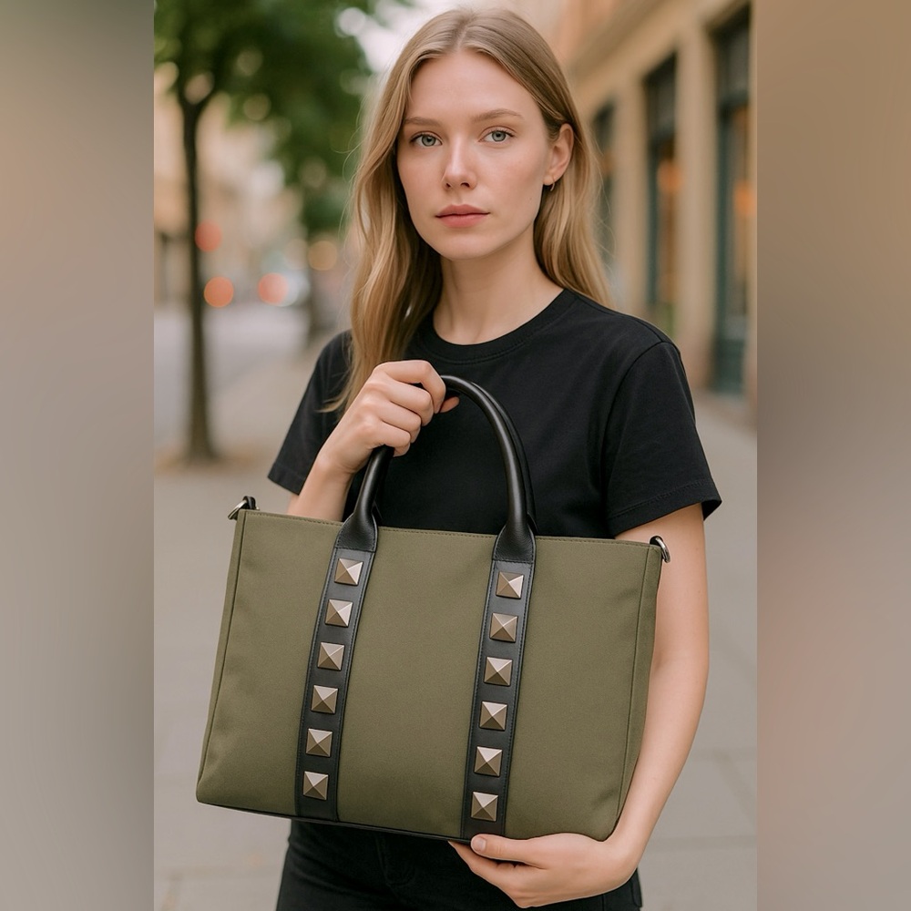 ➕Green Studded Canvas Laptop/ Tote/ Carry Bag ➕